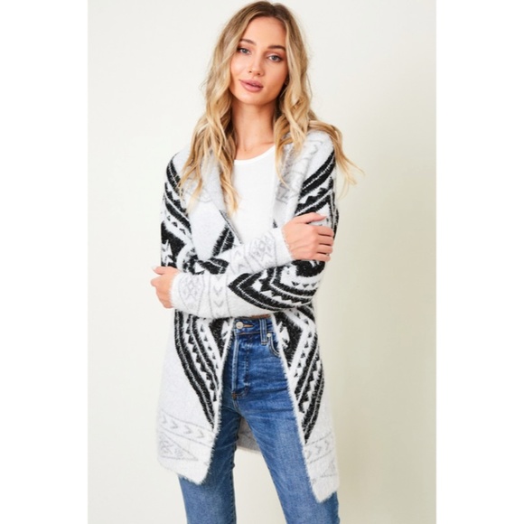 Fuzzy Soft Knit Hooded Long Sleeve Aztec Tribal Native Western Cardigan Sweater - Picture 4 of 10